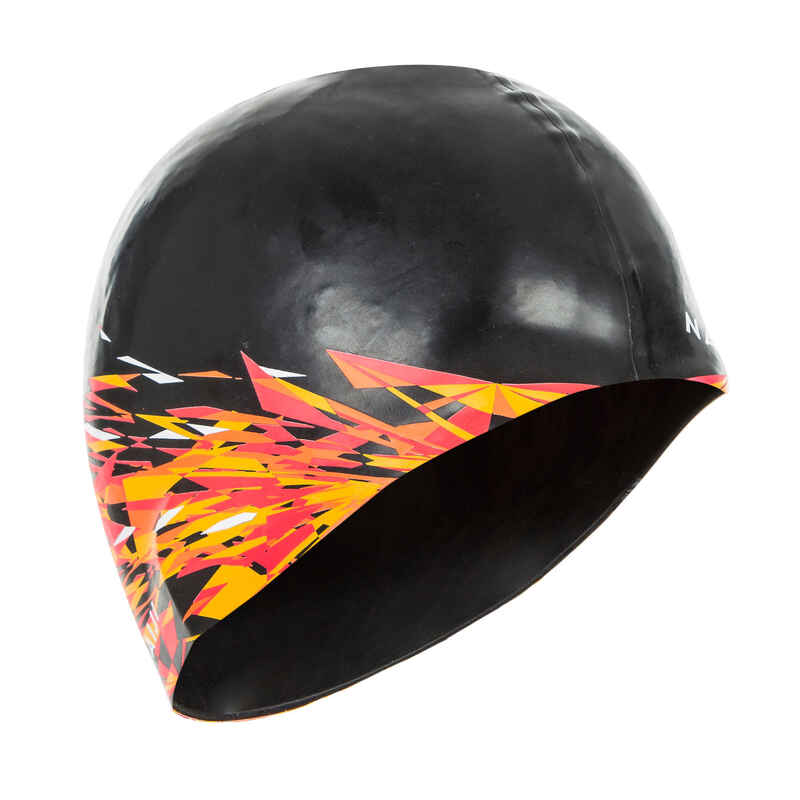 SILICONE SWIM CAP 500 PRINT - FIRE BLACK