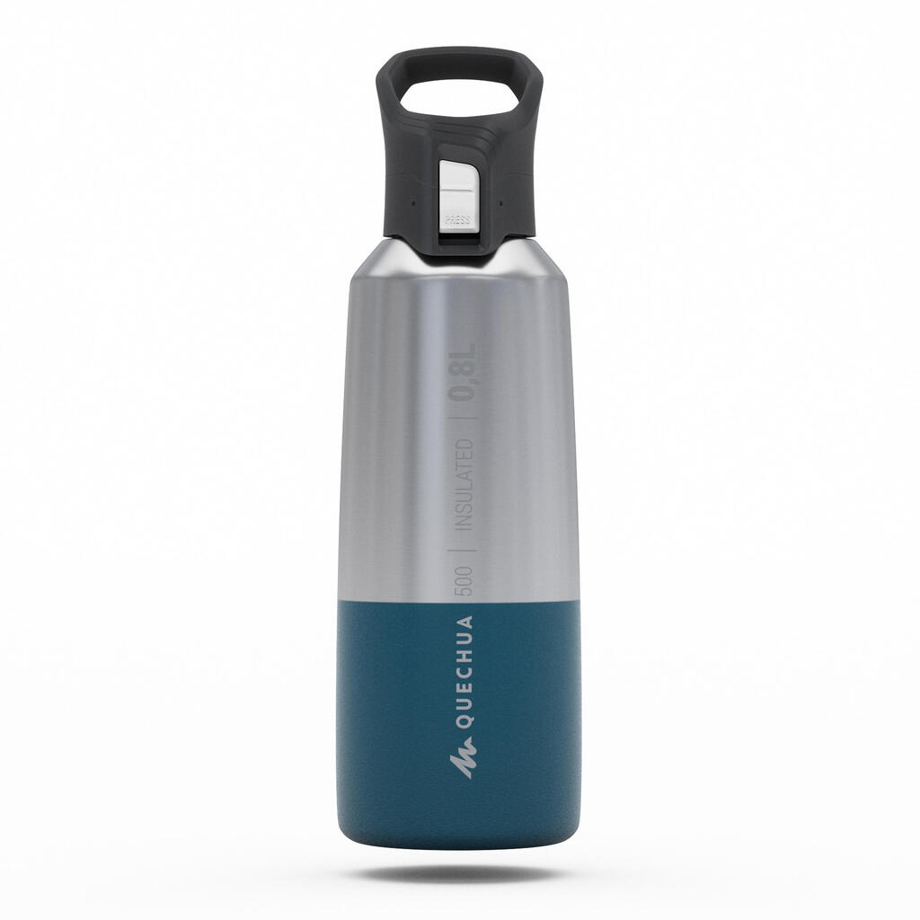 0.8 L stainless steel isothermal water bottle with quick-release cap for hiking