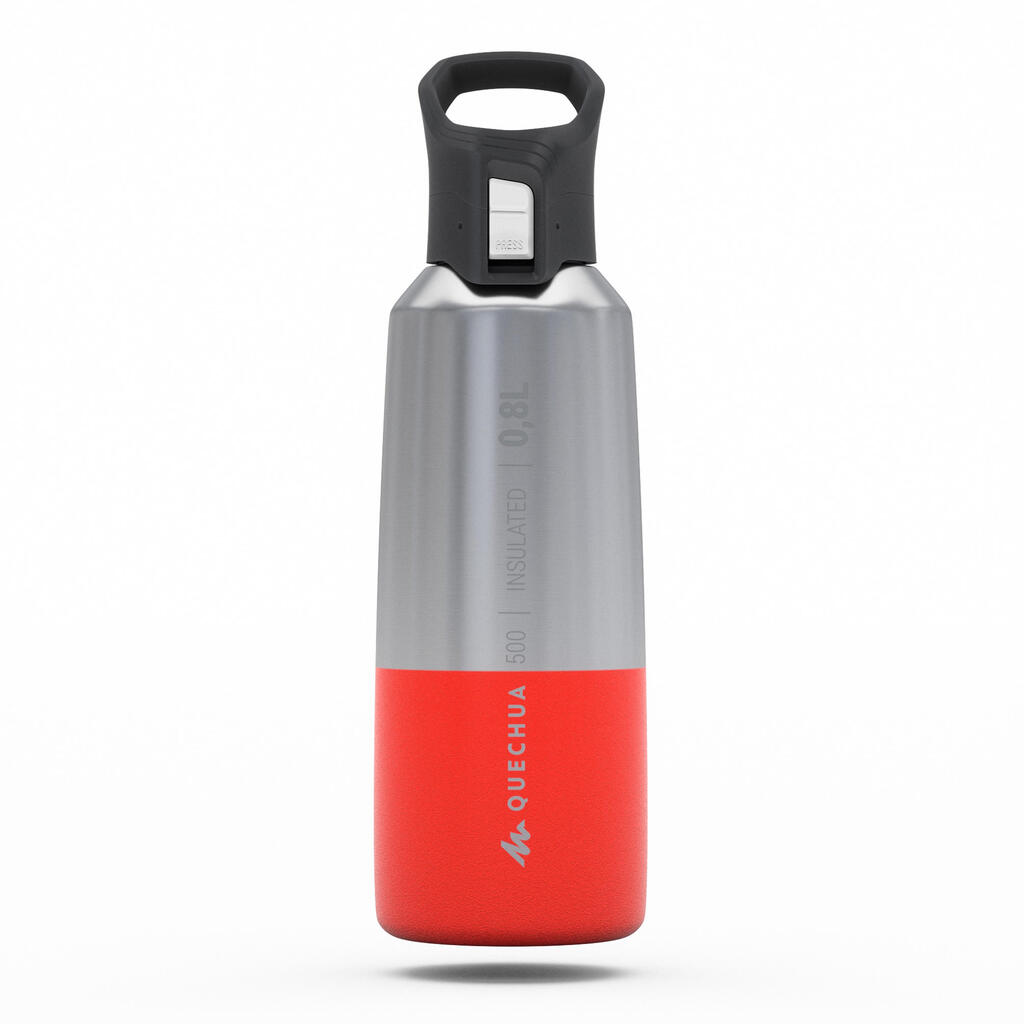 0.8 L stainless steel isothermal water bottle with quick-release cap for hiking