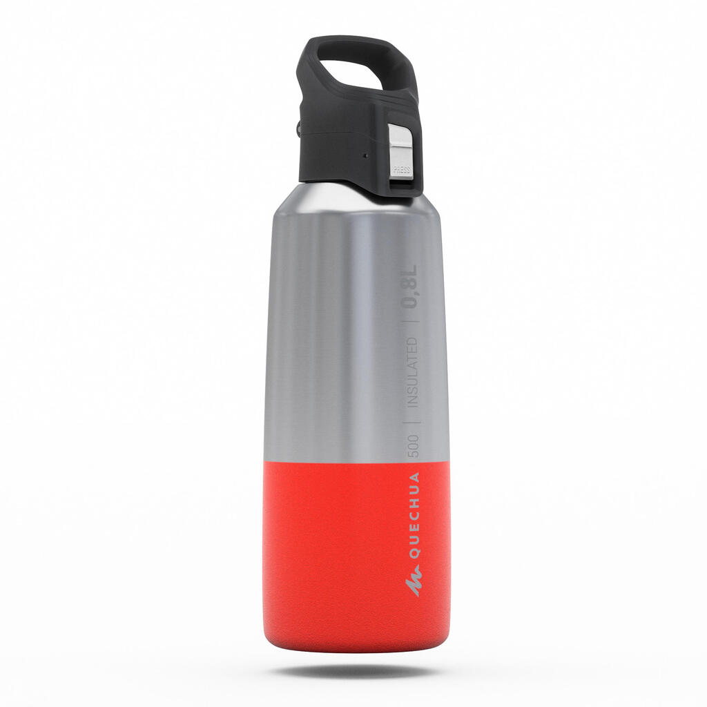 0.8 L stainless steel isothermal water bottle with quick-release cap for hiking