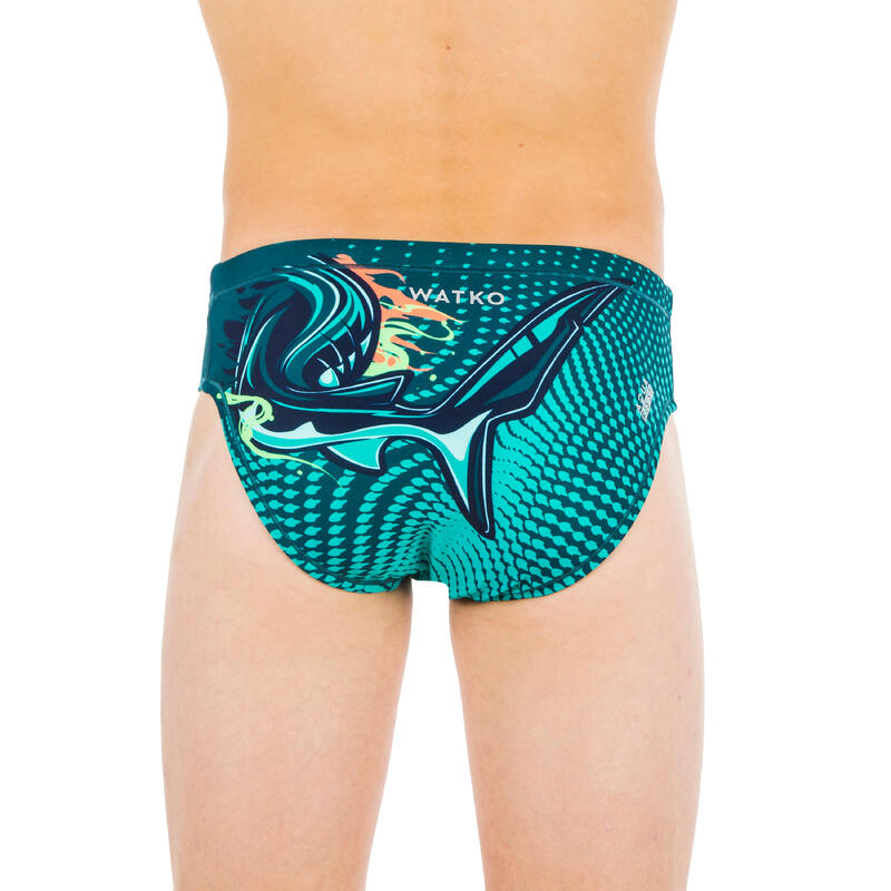 Slip de înot Waterpolo 500 Shark Albastru închis și turcoaz Băieți