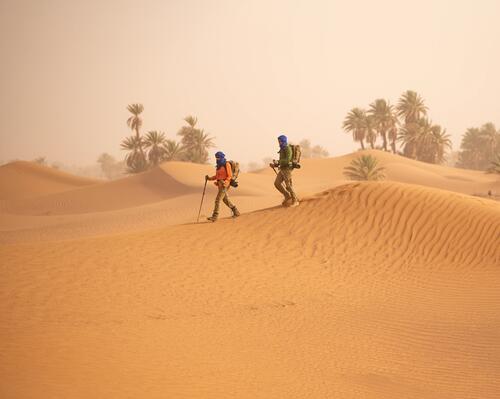 Trekkeurs sur une dune de sable