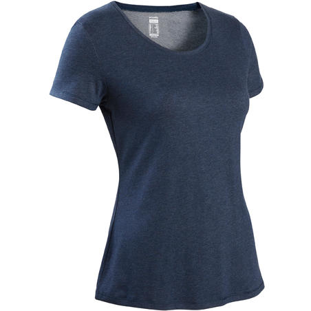 T-shirt fitness manches courtes coton extensible col rond femme bleu