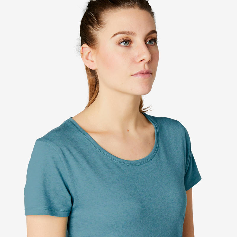 Women's Crew Neck Short-Sleeved Stretch Cotton Slim Fitness T-Shirt - Turquoise