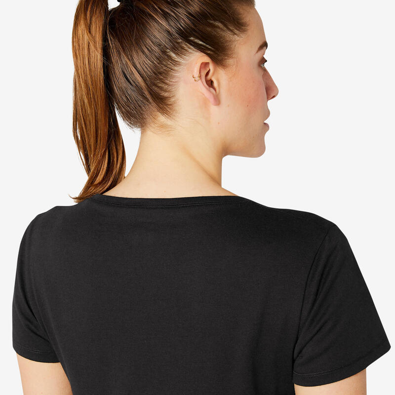 Camiseta fitness manga corta básica cuello redondo Mujer Domyos 500 negro