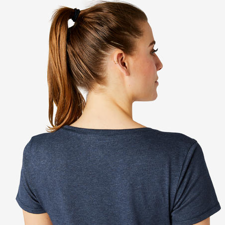 T-shirt fitness manches courtes coton extensible col rond femme bleu
