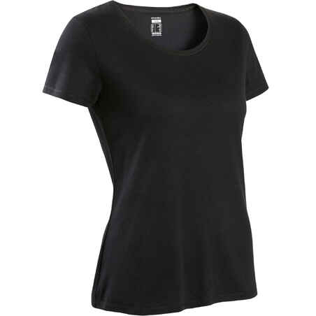 Women's Short-Sleeved Straight-Cut Crew Neck Cotton Fitness T-Shirt 500 - Black