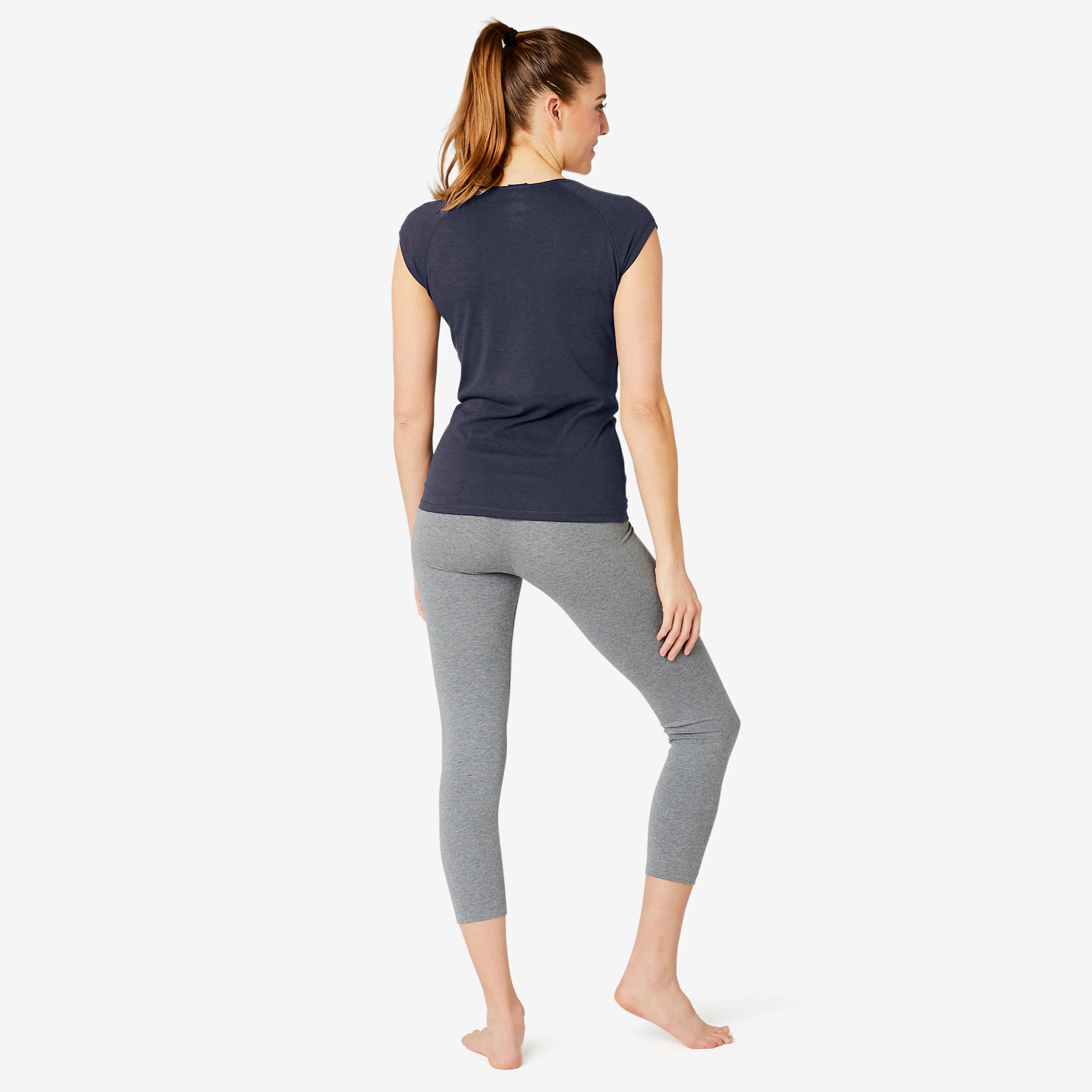 Women's Slim-Fit Pilates & Gentle Gym Sport T-Shirt 500 - Navy 4/8