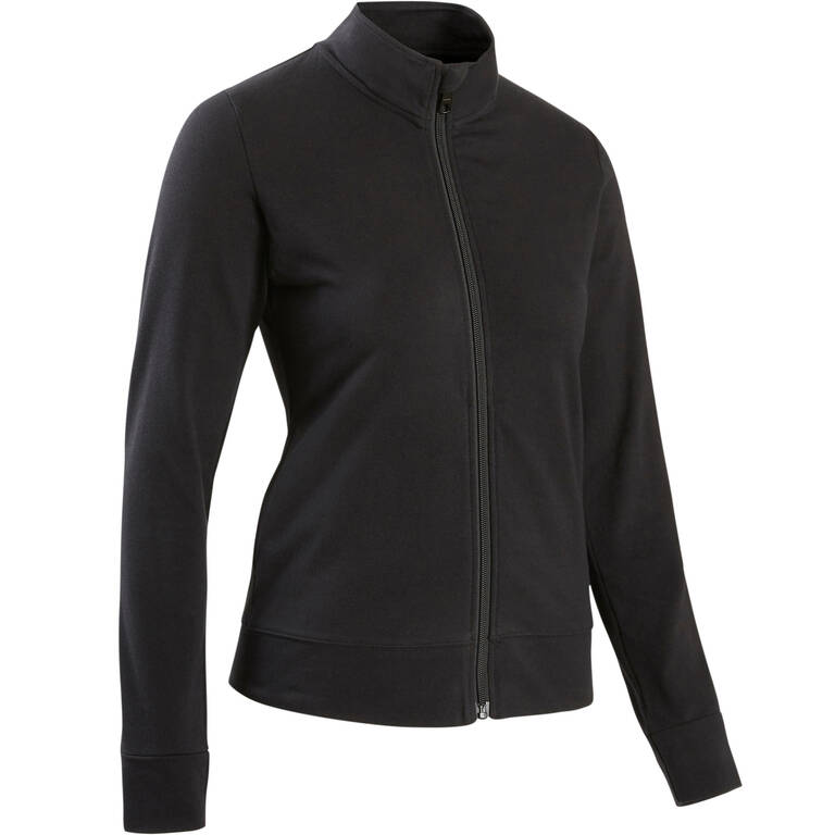 Women Gym Straight-Cut Zipped Sweatshirt With Pocket 100 - Black