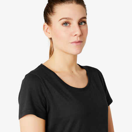 Women's Short-Sleeved Straight-Cut Crew Neck Cotton Fitness T-Shirt 500 - Black