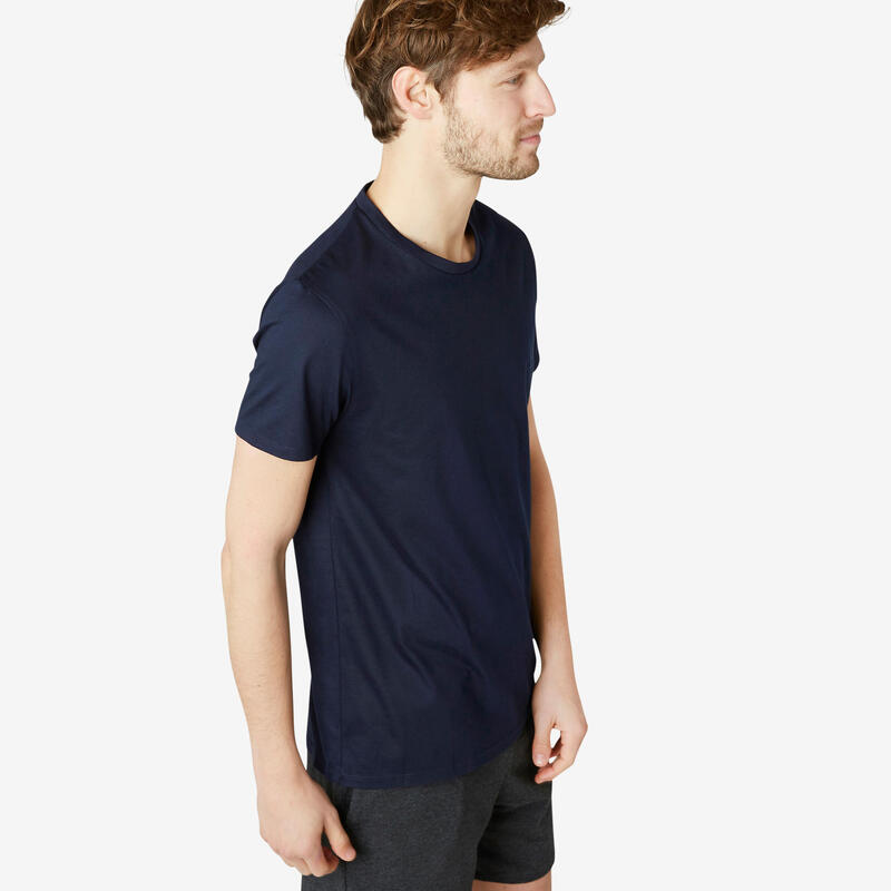 Men's Short-Sleeved Straight-Cut Crew Neck Cotton Fitness T-Shirt Sportee - Navy Blue