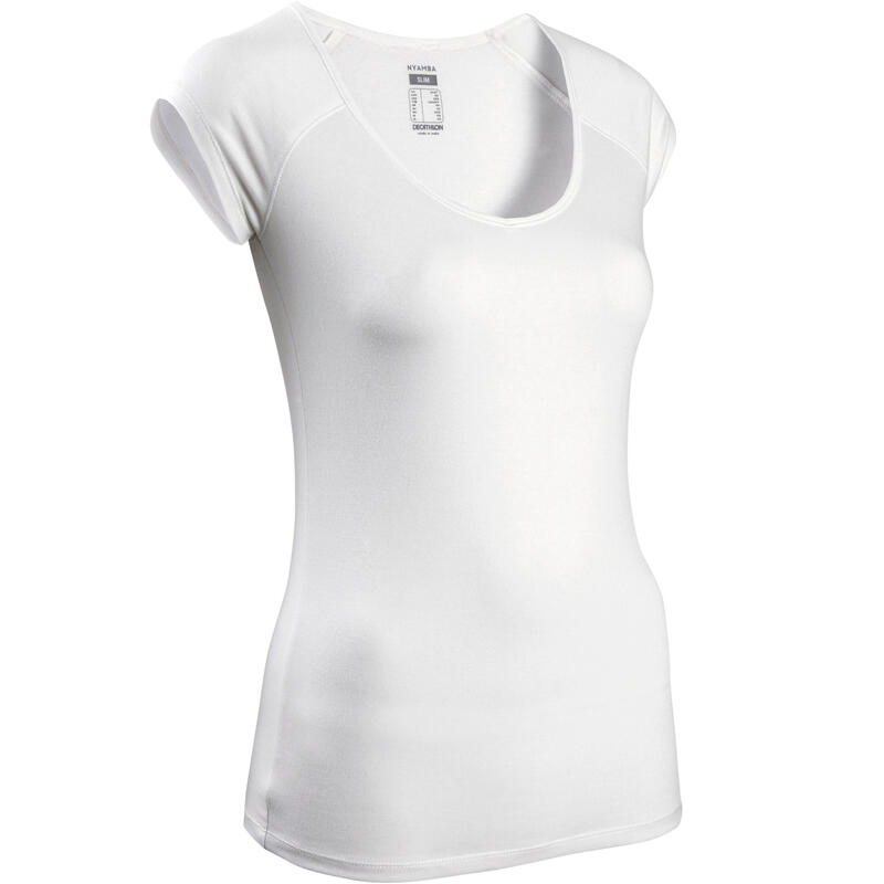 T-shirt donna fitness 500 slim misto cotone bianca