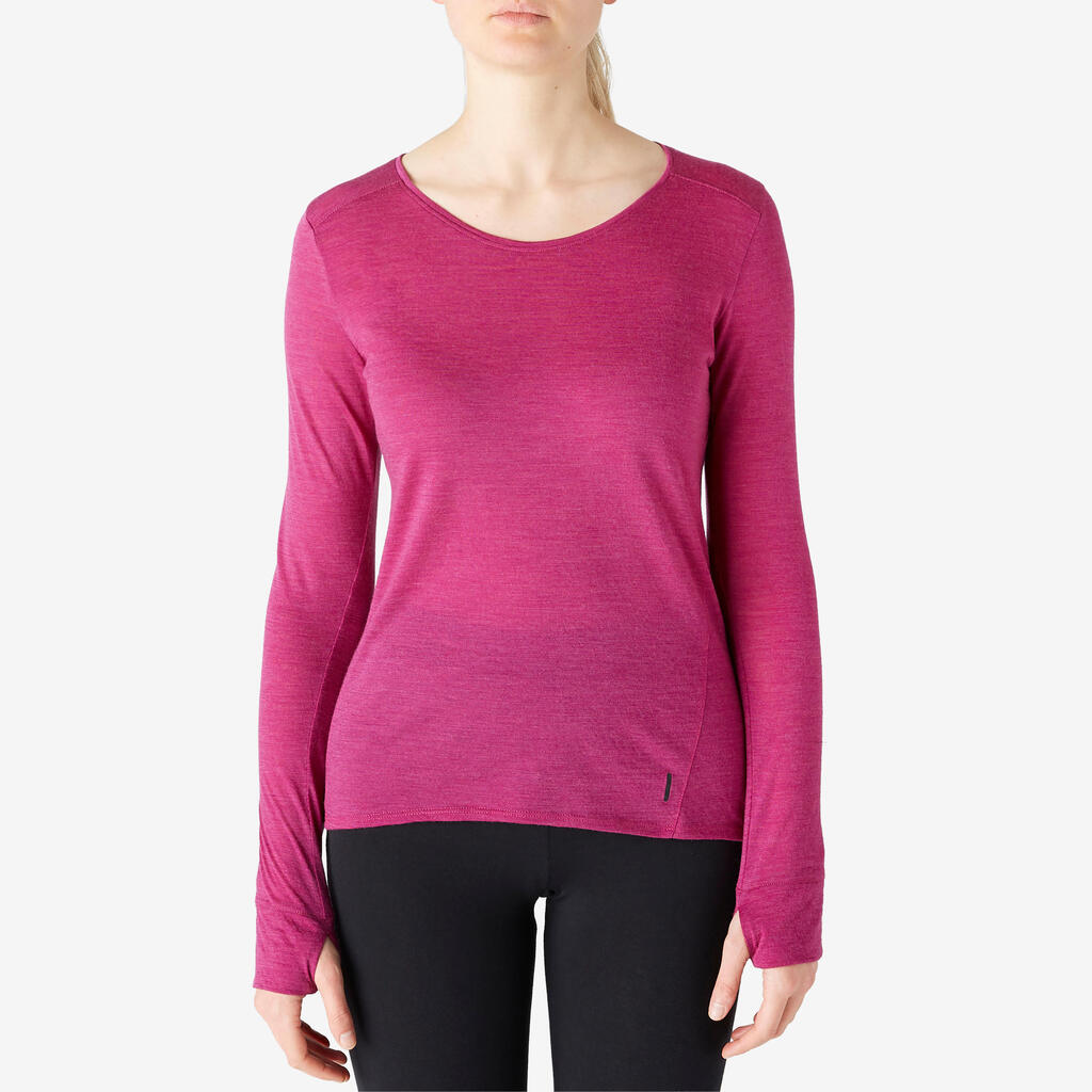 Women's Long-Sleeved Wool Pilates & Gentle Gym Sport T-Shirt - Plum