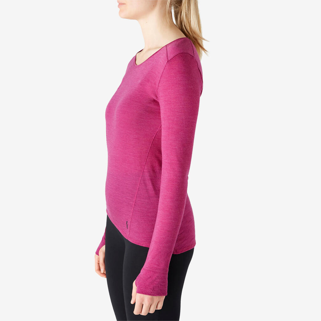 Women's Long-Sleeved Wool Pilates & Gentle Gym Sport T-Shirt - Plum