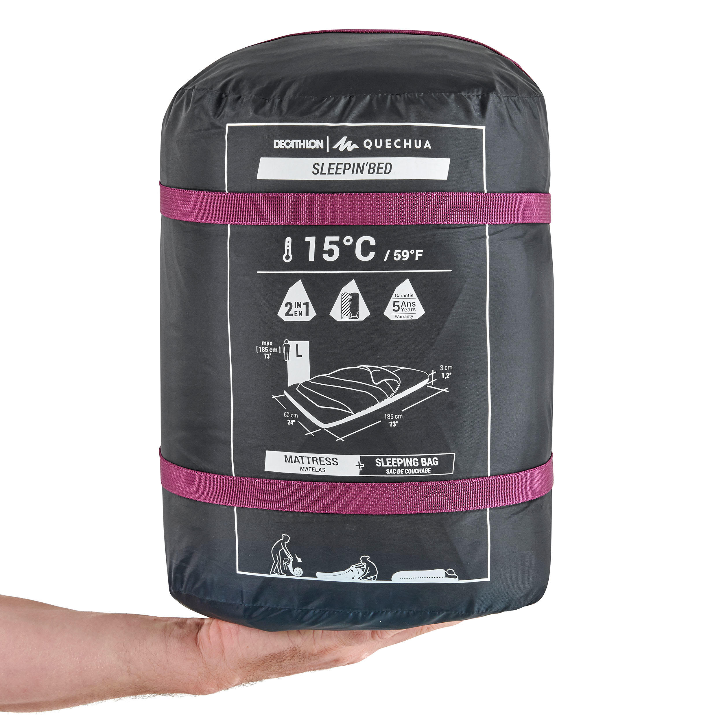 SAC DE COUCHAGE 2 EN 1 - SLEEPIN BED MH500 15°C L PRUNE 13/14