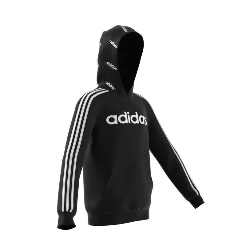 Sweat noir garçon 3 bandes à capuche imprimée, logo adidas sur la poitrine