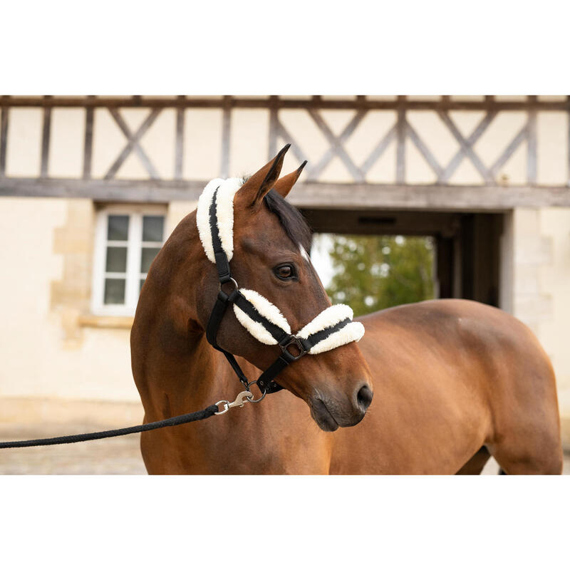 Halster voor pony's imitatieschapenvacht zwart/beige