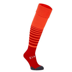 Chaussettes de football rayée enfant F500 Orange Fluo