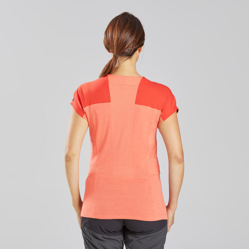 Camiseta lana merina trekking montaña | TREK 500 mujer rojo coral 