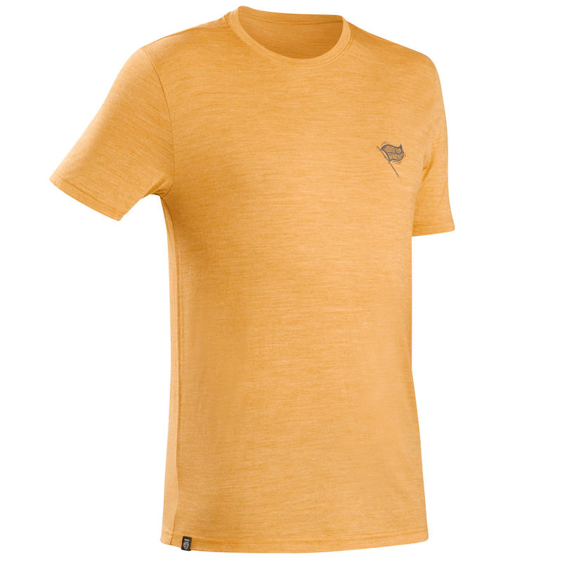 Men S Travel Trekking Merino Wool T Shirt Travel 100 Yellow Forclaz