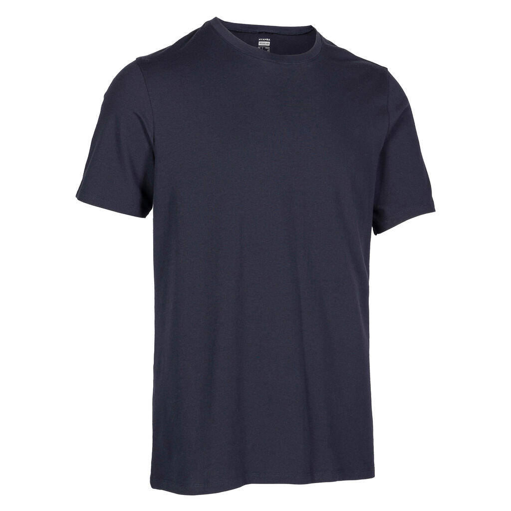 Men's Short-Sleeved Straight-Cut Crew Neck Cotton Fitness T-Shirt 500 Blue/Black