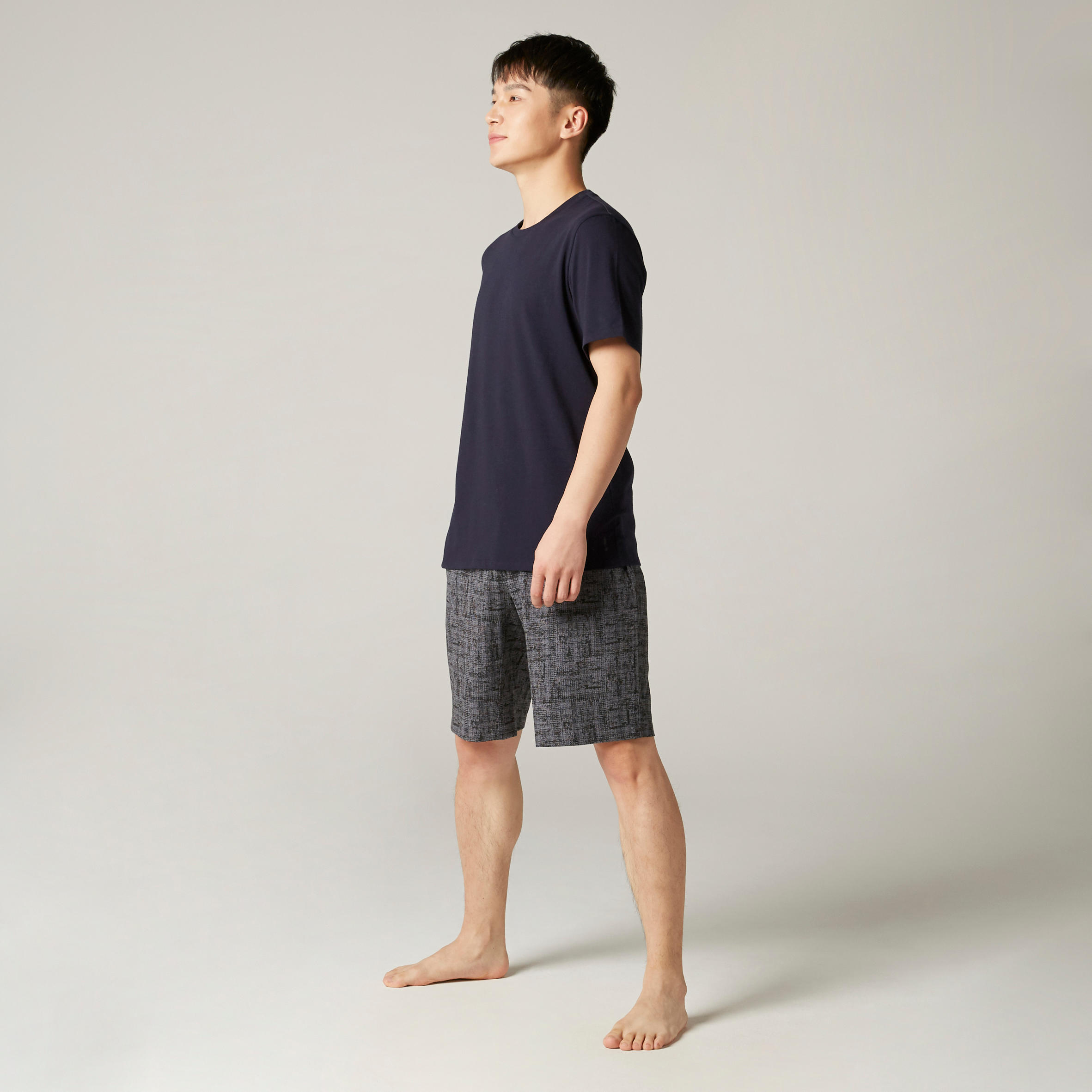 T-shirt de Ginástica e Pilates Decote Redondo em Algodão Homem 500 Azul/Preto 15/16
