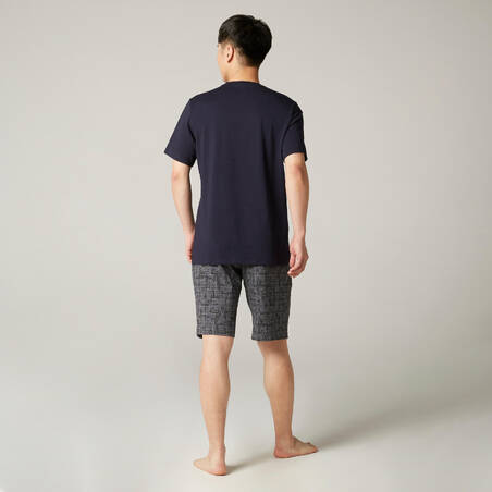 Men's Short-Sleeved Straight-Cut Crew Neck Cotton Fitness T-Shirt 500 Blue/Black