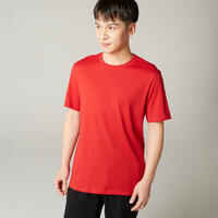 Men's Short-Sleeved Straight-Cut Crew Neck Cotton Fitness T-Shirt 500 - Red