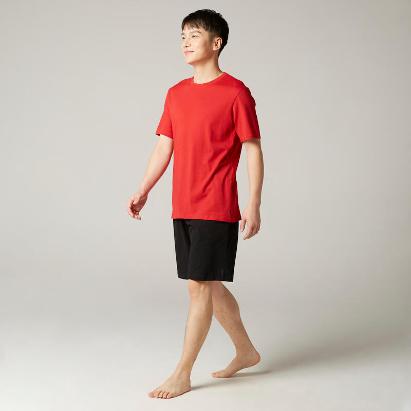 T-Shirt Corte Direito de Fitness Decote Redondo em Algodão Homem 500 Grená