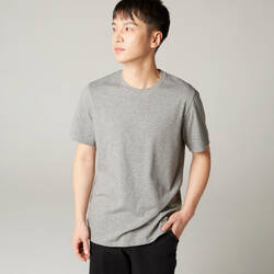 Men's Short-Sleeved Straight-Cut Crew Neck Cotton Fitness T-Shirt 500 Light Grey