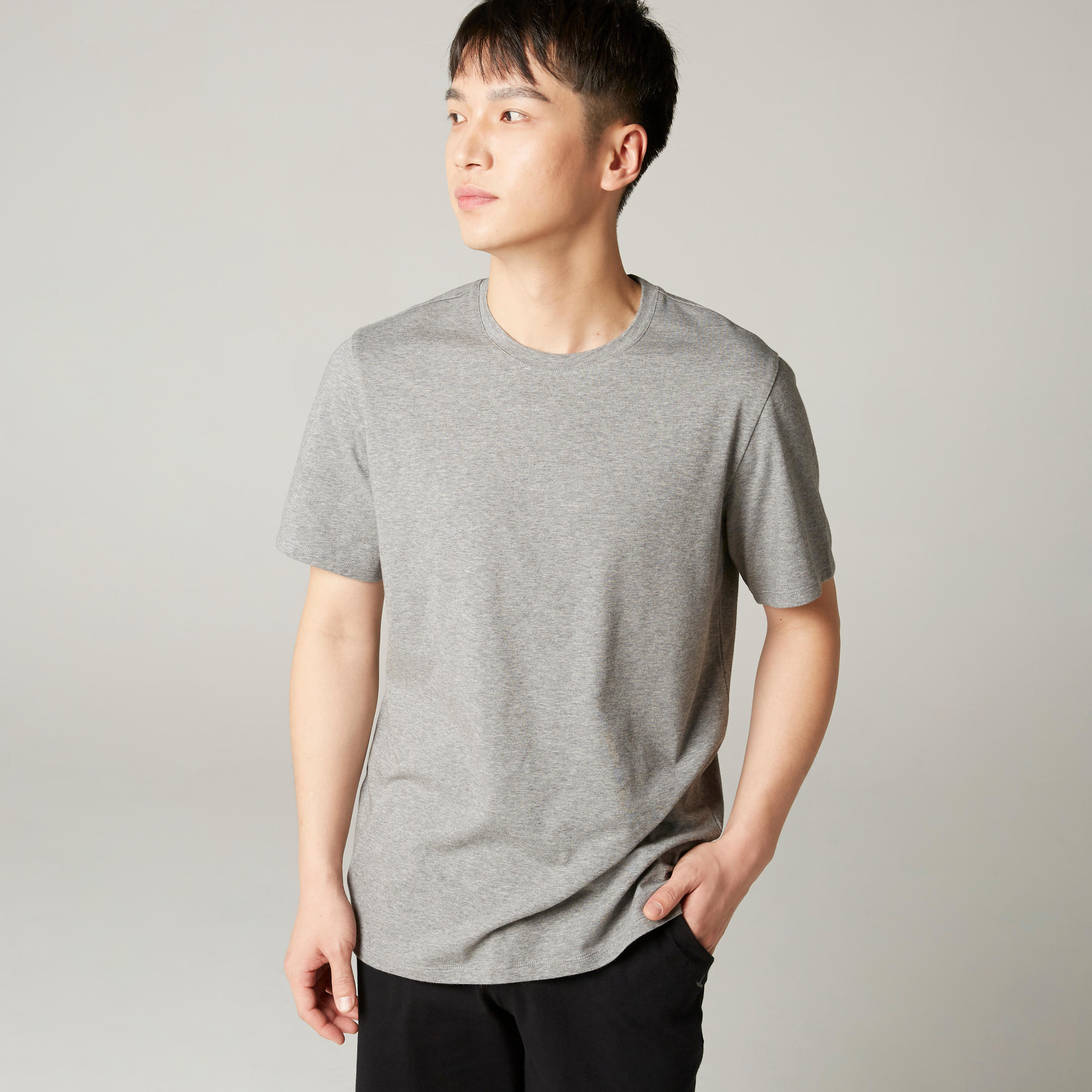 Men's Short-Sleeved Straight-Cut Crew Neck Cotton Fitness T-Shirt 500 Light Grey 8/21