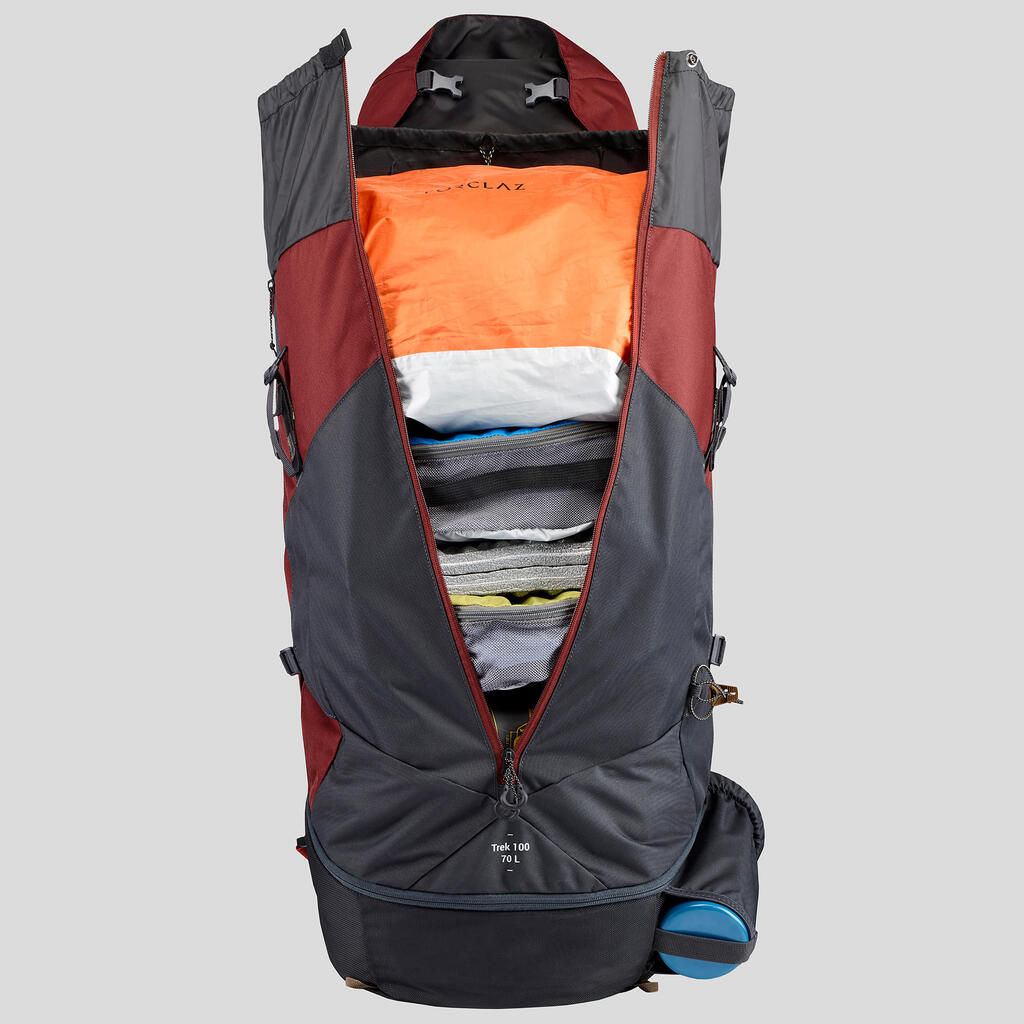 Morral de 70 litros para trekking Hombre Trek100 Forclaz rojo