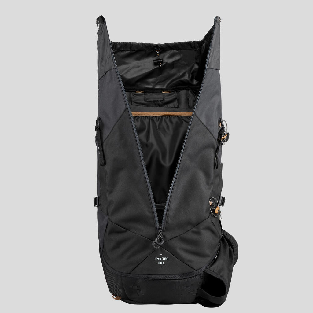 Vīriešu kalnu trekinga mugursoma “Trek 100 Easyfit”, 50 l, melna