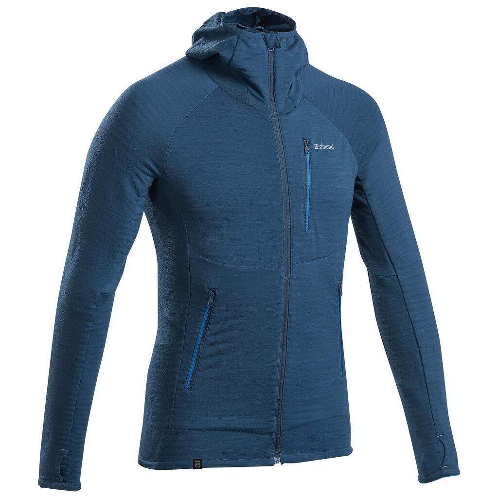 Pull technique à capuche en laine mérinos homme - alpinism bleu