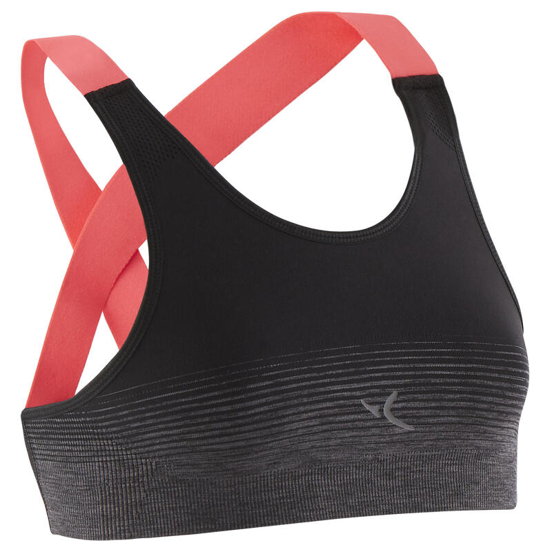 Girls' Breathable Technical Gym Sports Bra S900 - Black/Pink Straps
