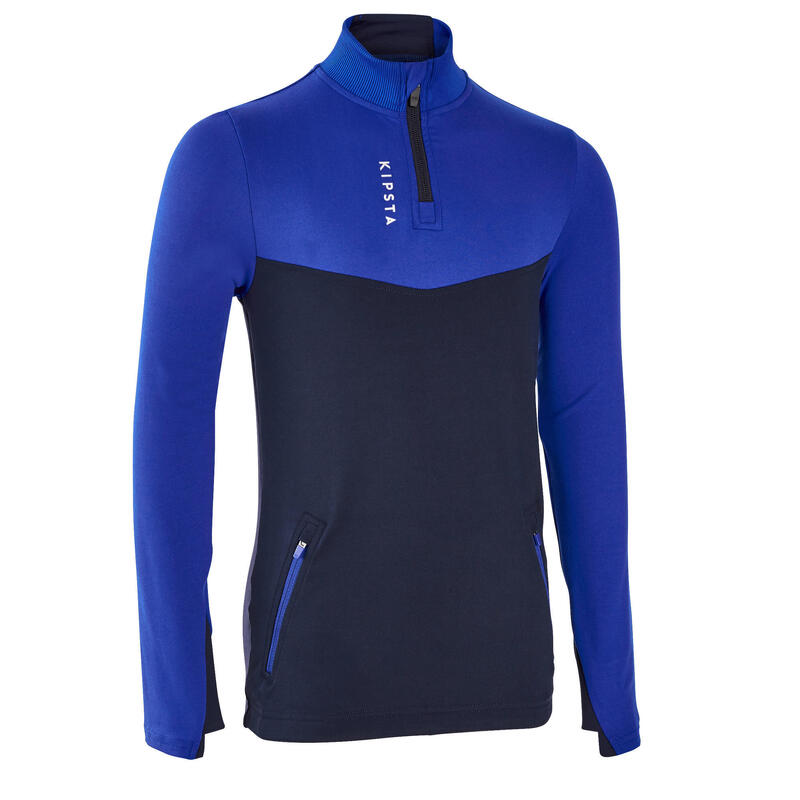Sweat 1/2 zip d'entraînement de football enfant T500 bleu et marine