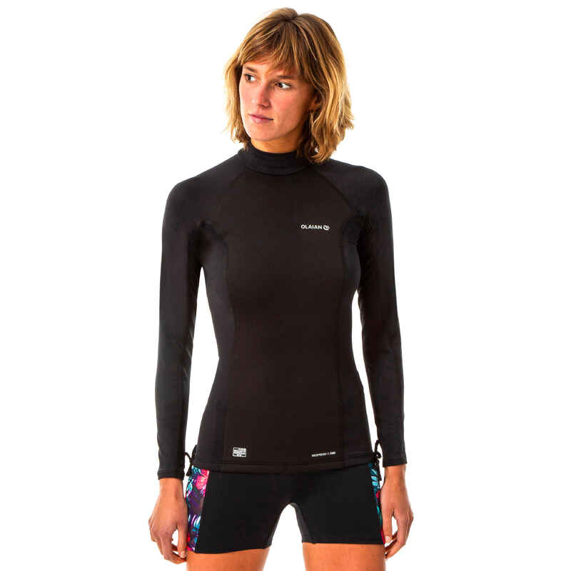 T-shirt anti-UV surf neoprene and fleece long sleeve women's black