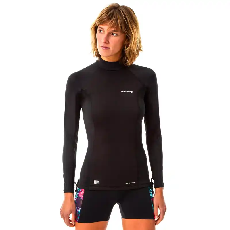 T-shirt selancar neoprene anti-UV dan lengan panjang wanita fleece hitam