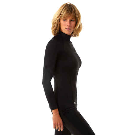T-shirt selancar neoprene anti-UV dan lengan panjang wanita fleece hitam