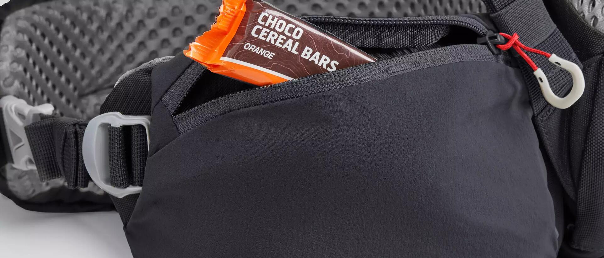Cereal bar stored inside a rucksack's pocket