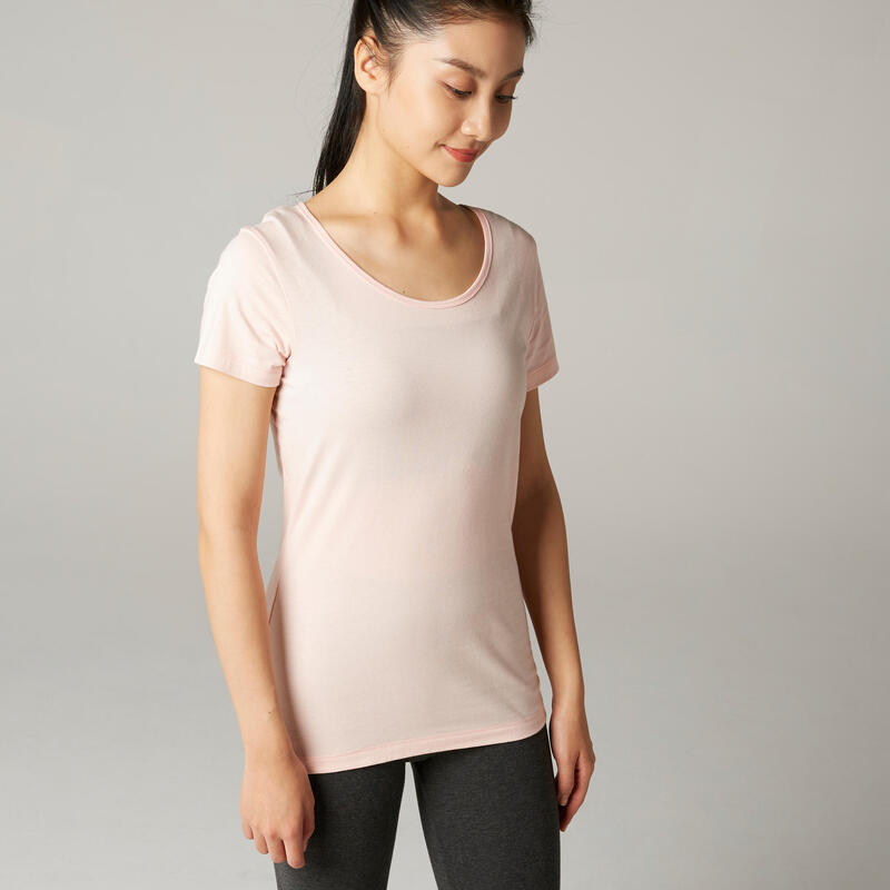 Women's Short-Sleeved Straight-Cut Crew Neck Cotton Fitness T-Shirt 100 - Pink