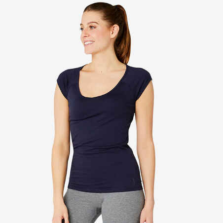 Women's Slim-Fit Pilates & Gentle Gym Sport T-Shirt 500 - Navy