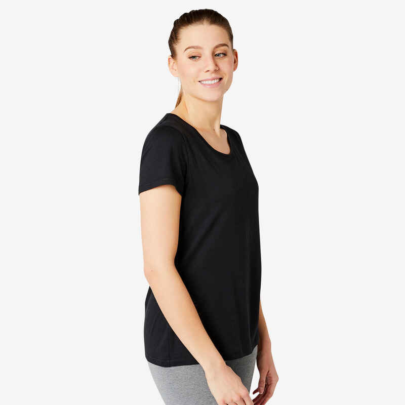 T-Shirt Fitness 500 Regular Baumwolle Rundhals Damen schwarz  Medien 1