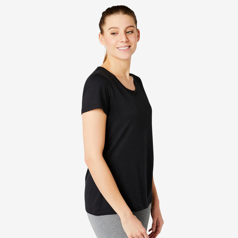 T-shirt fitness manches courtes droit col rond coton femme - 500 Noir