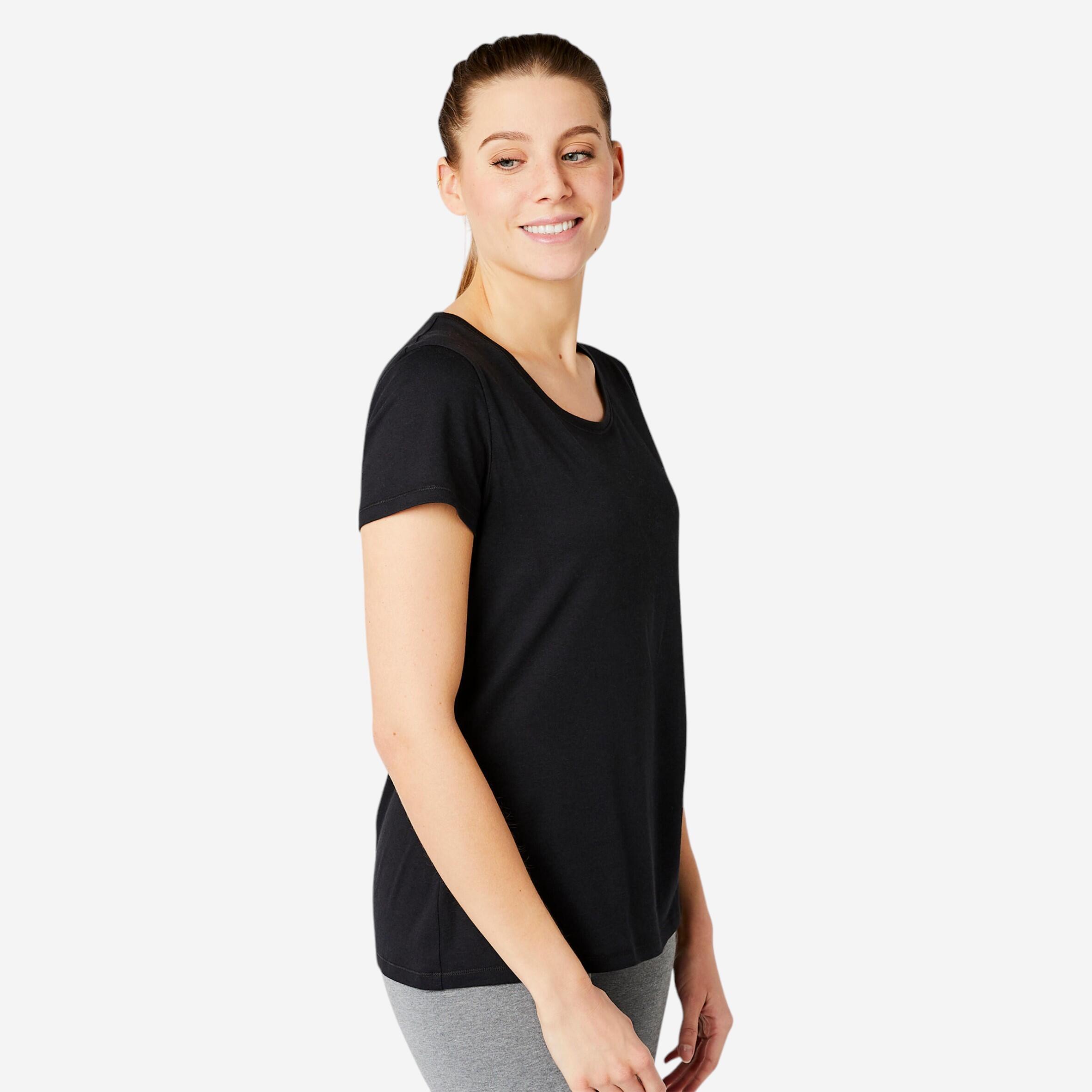 Women's short-sleeved straight stretch cotton round-neck fitness T-shirt black