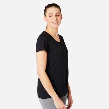 T-shirt fitness manches courtes droit coton extensible col rond femme noir