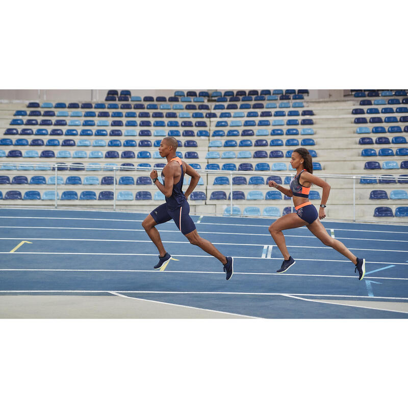 Atletiekschoenen met spikes halve afstand AT Mid blauw zwart en geel