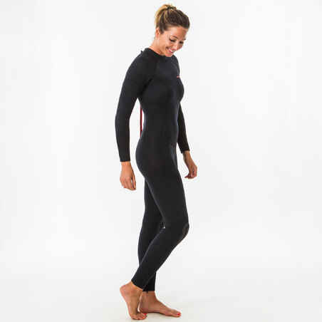 Women's 4/3 mm neoprene SURF 100 wetsuit with back zip black