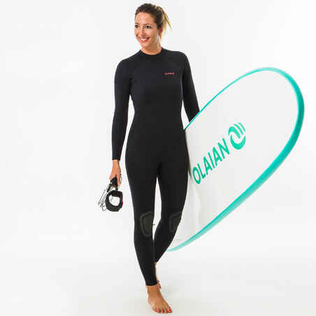 Våtdräkt SURF 100 Neopren 4/3 mm dam svart blixtlås i ryggen