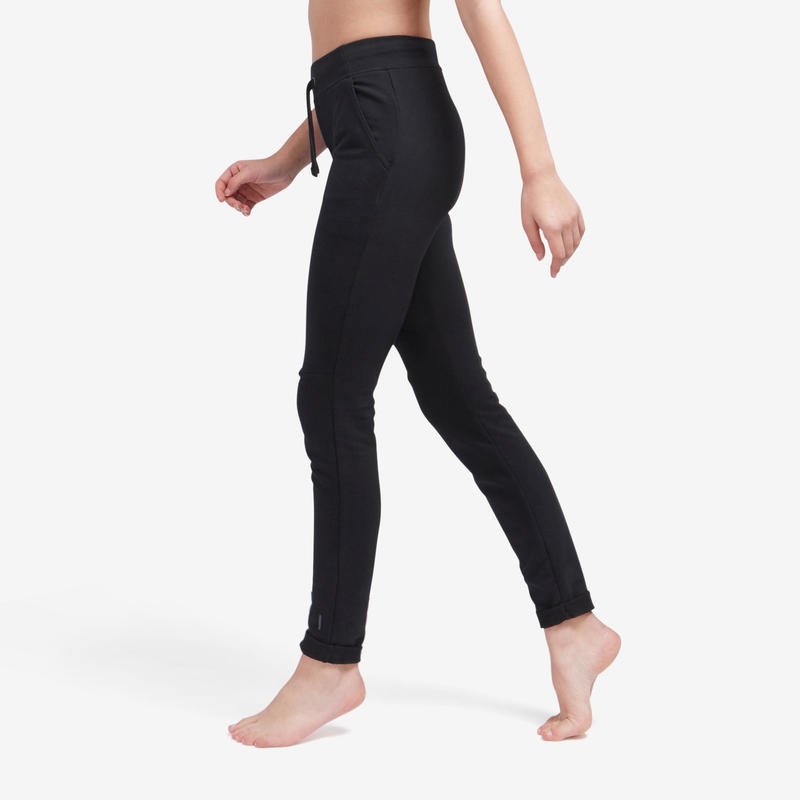 Pantaloni donna fitness 500 slim misto cotone neri